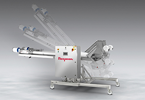 Twin tilt-down flexible screw conveyor on mobile base built to 3-A standards