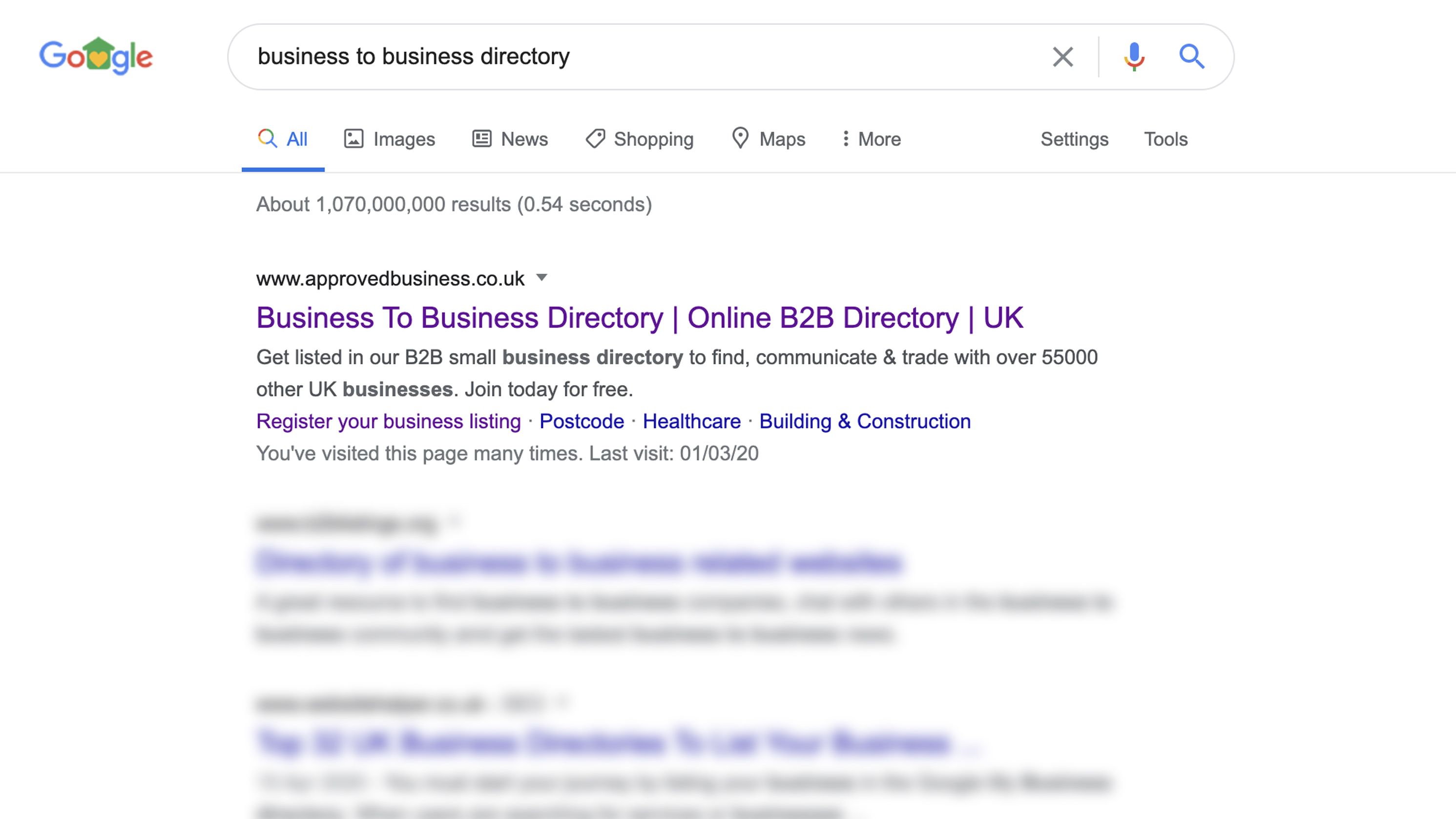 Google screenshots showing business to business directory