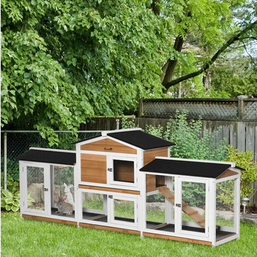 PawHut 2 Tier Wooden Rabbit Hutch, Guinea Pig Cage, Bunny Run, Small Animal House with Double Side Run Boxes, Slide-out Tray, Ramp, 230 x 53 x 93.5cm 